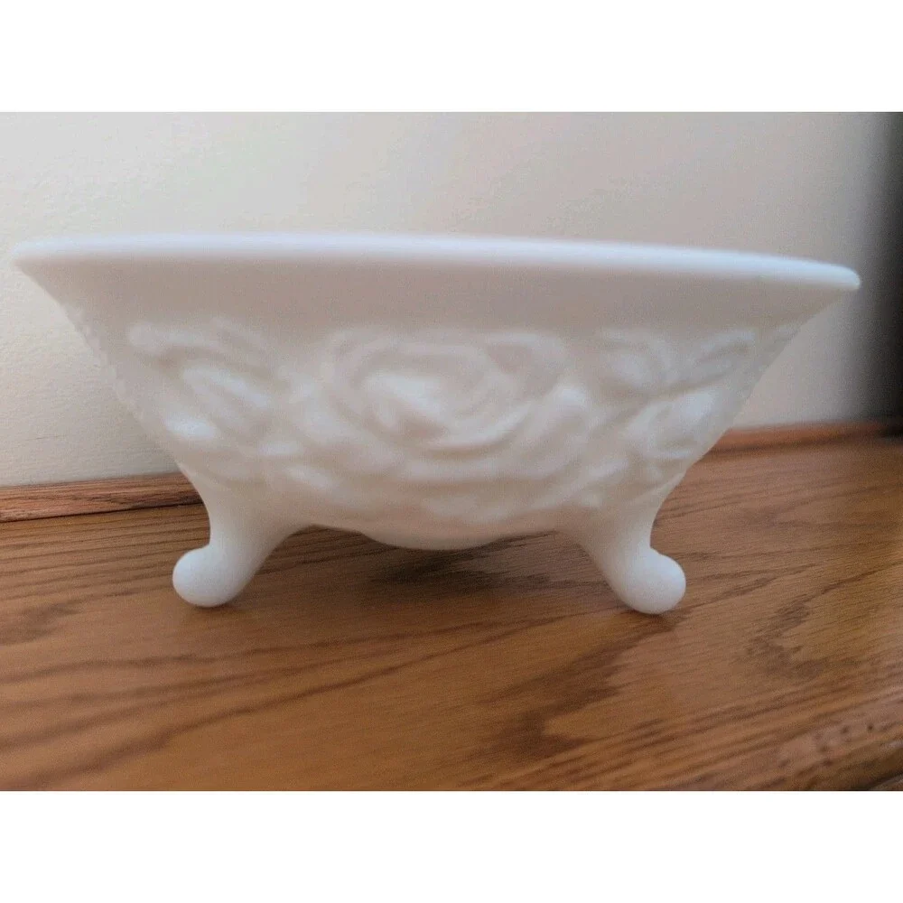 Imperial Frosted White Milk Glass Footed Bowl Rose Pattern Cottage Core